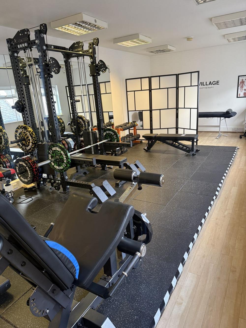 The clinic gym: power rack, cable machine, bench, plates and treadmill on rubber flooring
